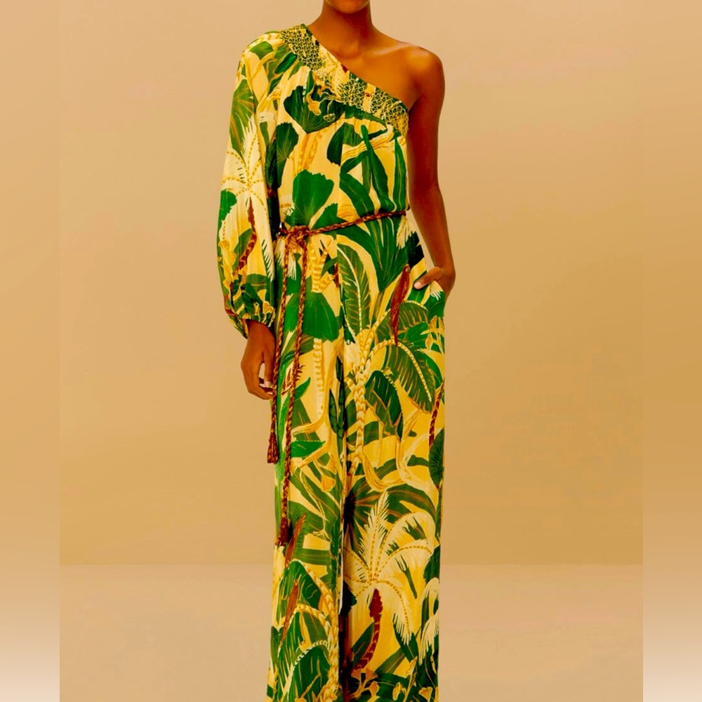 Farm Rio Tropical Green One-Shoulder jumpsuit